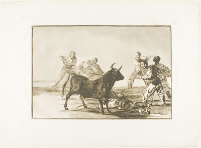 La chusma desjarreta al toro con lanzas, hoces, banderillas y otras armas, lámina doce de El arte del toreo de Francisco Jose de Goya y Lucientes
