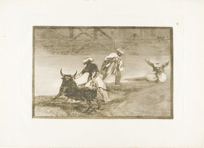 Juegan otro con la capa en un recinto, lámina cuatro de El arte de la tauromaquia de Francisco Jose de Goya y Lucientes