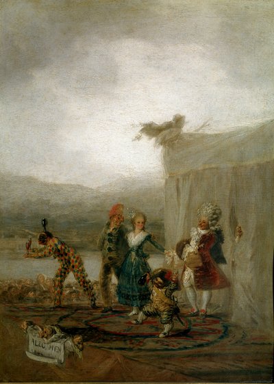 Actores cómicos itinerantes (incluyendo un enano y un arlequín), inspirados en la Commedia dell