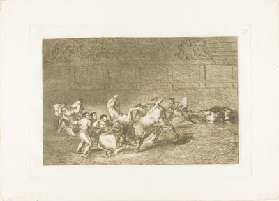 Dos equipos de picadores arrojados uno tras otro por un solo toro, lámina 32 de El arte de la tauromaquia de Francisco Jose de Goya y Lucientes
