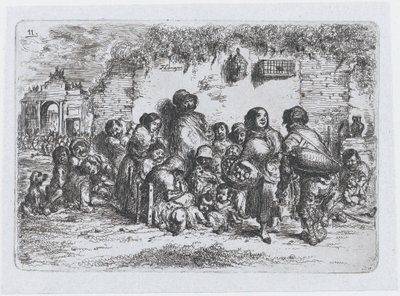 Placa 11: un grupo de personas al aire libre, de la serie de costumbres y pasatiempos de los españoles..., 1850 de Francisco Lameyer Berenguer