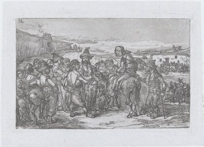 Placa 14: un gran grupo de personas al aire libre, posiblemente una compañía de actores, de la serie, 1850 de Francisco Lameyer Berenguer