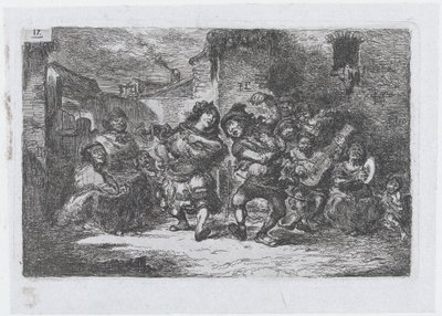 Placa 17: músicos callejeros y figuras danzantes, de la serie de costumbres y pasatiempos de... de Francisco Lameyer Berenguer