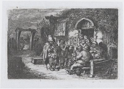 Placa 18: músicos callejeros y otras figuras fuera de una taberna, de la serie de costumbres..., 1850 de Francisco Lameyer Berenguer