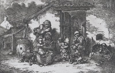 Placa 19: una familia y un niño jugando con un perro fuera de una casa, de la serie de costumbres, 1850 de Francisco Lameyer Berenguer