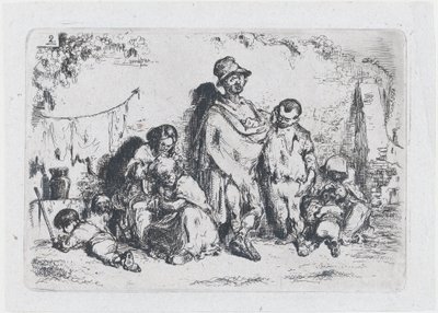 Placa 2: un grupo de personas en la calle, posiblemente mendigos, de la serie de costumbres y..., 1850 de Francisco Lameyer Berenguer