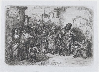 Placa 3: un grupo de músicos callejeros, de la serie de costumbres y pasatiempos de los españoles..., 1850 de Francisco Lameyer Berenguer