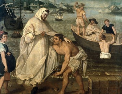 San Pedro Nolasco (1189-1256) se embarca para liberar a los cautivos cristianos retenidos como rehenes por piratas moros para ser vendidos como esclavos en África (pintura) de Francisco Pacheco