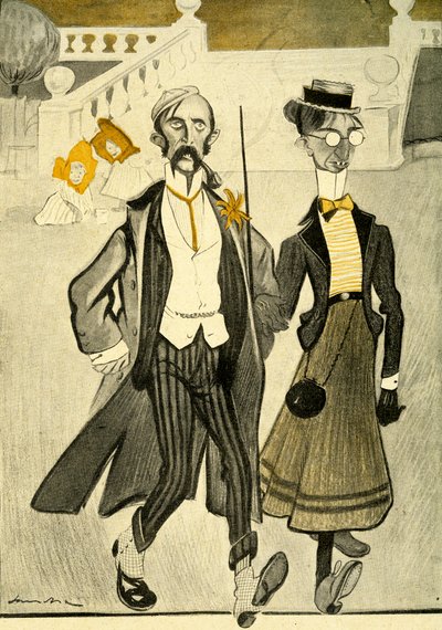 Una pareja inglesa en Francia siendo burlada por su extraño sentido de la moda, 1903 de Francisco Sancha y Lengo
