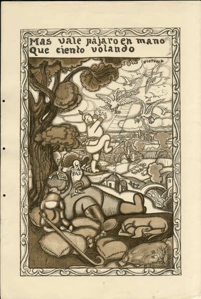 Ilustración de Francisco Sancha Lengo (1874-1936) - Hoja volante, ca. 1915 - Más vale pájaro en mano que ciento volando - Guerra de 14-18, Alemania Prusia, Beligerantes y símbolos, Victoria, Paz, Idioma español, Prensa extranjera de Francisco Sancha y Lengo