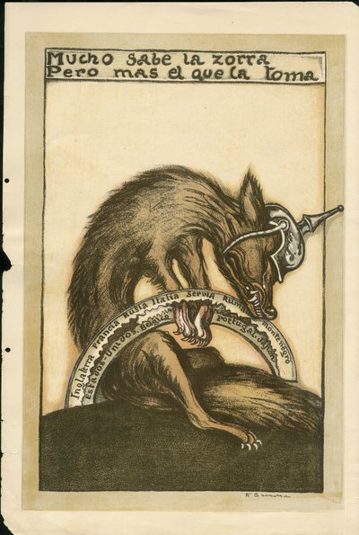 Ilustración de Francisco Sancha Lengo - Hoja volante, ca. 1915 - Mucho sabe la zorra pero mal el que la toma - Guerra de 14-18, Alemania Prusia, Beligerantes y Símbolos, Aliados, Idioma español, Prensa extranjera - Zorro -, Obstrucción, Animación de Francisco Sancha y Lengo