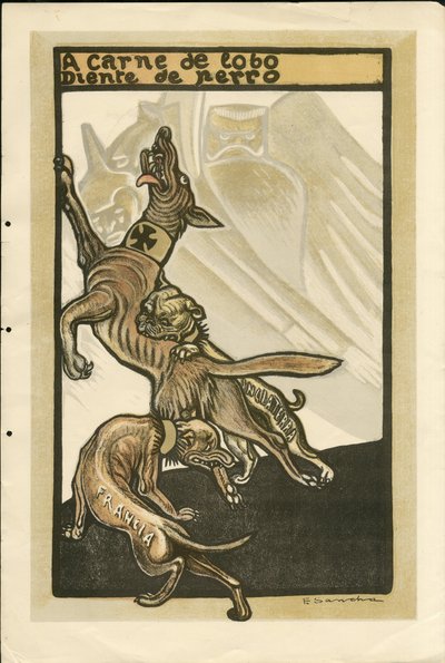 Ilustración de Francisco Sancha Lengo (1874-1936) - Hoja volante, circa 1915 - A carne de lobo diente de perro - Guerra de 14-18, Alemania Prusia, Inglaterra Gran Bretaña, Beligerantes y símbolos, Francia, Idioma español, Prensa extranjera - Guillermo II,  de Francisco Sancha y Lengo