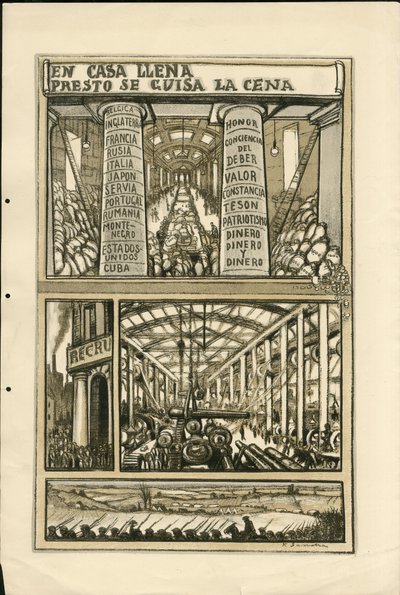 Ilustración de Francisco Sancha Lengo - Hoja volante, circa 1915 - En casa llena presto se guisa la cena - Guerra de 14-18, Cañones, proyectiles, Fábricas industriales, Idioma español, Movilización, Prensa extranjera de Francisco Sancha y Lengo
