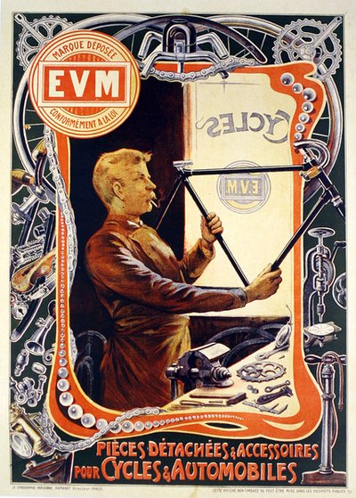 Póster publicitario de accesorios para bicicletas E.V.M. de Francisco Tamagno