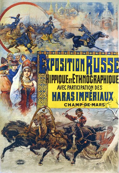 Póster anunciando un espectáculo de equitación rusa de Francisco Tamagno