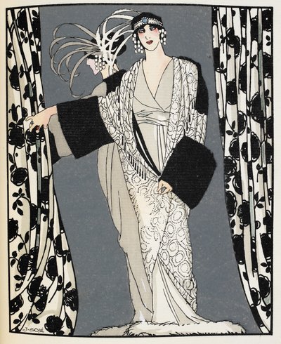 Blanco y negro. Una mujer con un traje diseñado en 1855 por John Redfern, ilustración de 