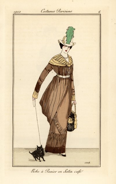Mujer con vestido de panier en satén color café con perro, grabado del Journal des Dames et des Modes de Tommaso Antongini, Aux Bureaux du Journal des Dames, París de Francesc Xavier Gosé