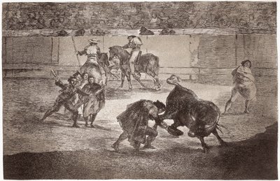 Corrida de toros: un torero entra en la arena para matar al toro con un sombrero en lugar de la muleta de Francisco de Goya