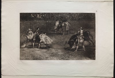 Corridas de toros: Un torero montado en los hombros de un asistente, lanzando un toro de Francisco de Goya