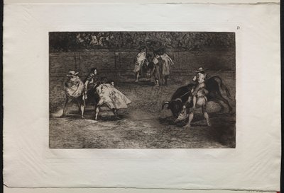 Corridas de toros: Un torero montado en los hombros de un asistente, lanceando un toro, 1876 de Francisco de Goya