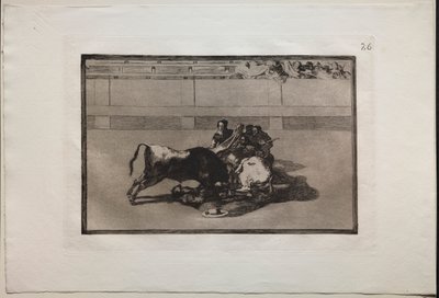 Corridas de toros: Un picador es desmontado y cae bajo el toro de Francisco de Goya