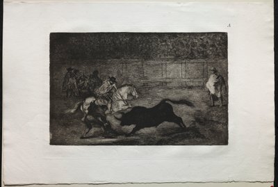 Corridas de toros: Un caballero español montado rompiendo lanzas cortas con la ayuda de asistentes de Francisco de Goya