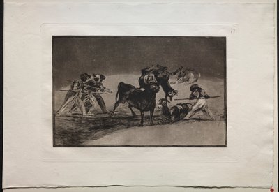 Corridas de toros: Los moros usan burros como barrera para defenderse del toro..., 1876 de Francisco de Goya