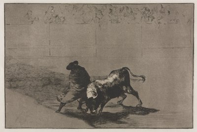 Corridas de toros: El muy hábil estudiante de Falces, envuelto en su capa, engaña al toro..., 1876 de Francisco de Goya