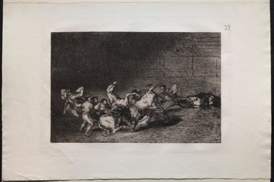 Corridas de toros: Dos equipos de picadores arrojados uno tras otro por un solo toro de Francisco de Goya