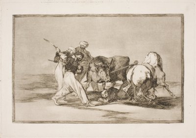 Los moros que se asentaron en España y abandonaron la superstición del Corán, adoptaron esta habilidad de cazar y ensartar un toro en la llanura de Francisco de Goya