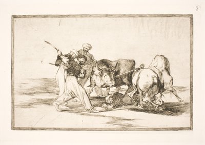 Los moros que se asentaron en España y abandonaron la superstición del Corán, adoptaron esta técnica de cazar y ensartar un toro en la llanura de Francisco de Goya