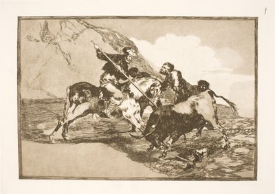 La manera en que los antiguos españoles a caballo cazaban toros en la llanura de Francisco de Goya