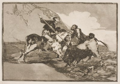 La manera en que los antiguos españoles a caballo cazaban toros en la llanura de Francisco de Goya