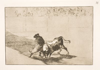 El muy talentoso alumno de Falces, vestido con su capa, engaña al toro con los movimientos de su cuerpo de Francisco de Goya
