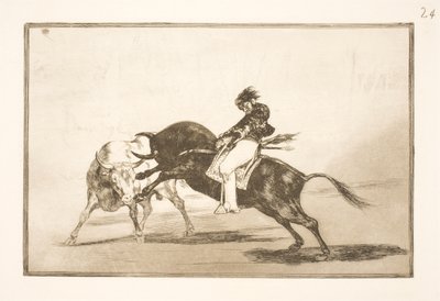 El mismo Ceballos, sentado sobre otro toro, rompe lanzas cortas en la arena de Madrid de Francisco de Goya