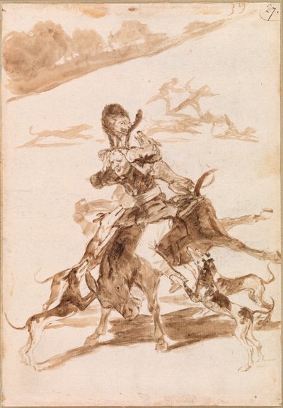 Perros persiguiendo a un gato en un hombre en un burro de Francisco de Goya