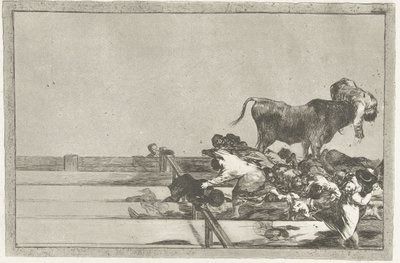 Dood van de burgemeester van Torrejon Desgracias acaecidas en el tendido de la plaza de Madrid, y muerte del alcalde de Torrejon La Tauromaquia (series title) Stierenvechten (series title) de Francisco de Goya