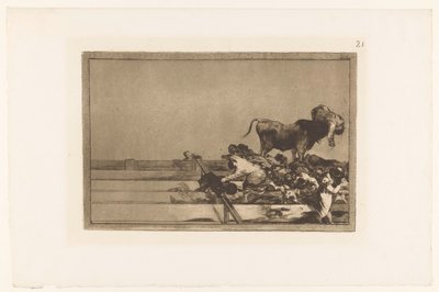 Dood van de burgemeester van Torrejon Desgracias acaecidas en el tendido de la plaza de Madrid, y muerte del alcalde de Torrejon Stierengevechten (series title) La Taureaumachie (series title) La Tauromaquia (series title) de Francisco de Goya