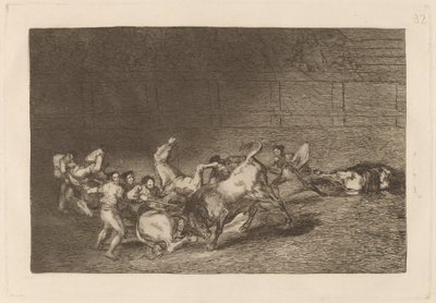 Dos grupos de picadores arrollados de seguida por un solo toro de Francisco de Goya