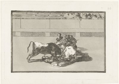 Un picador ha sido derribado de su caballo y yace debajo del toro. Caida de un picador de su caballo debajo del toro La Tauromaquia (título de la serie) Corridas de toros (título de la serie) de Francisco de Goya