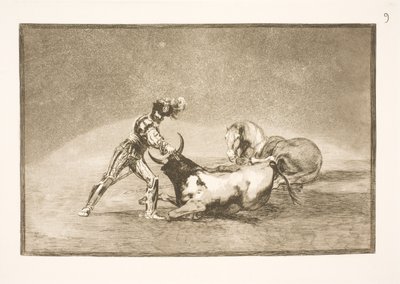 Un jinete español mata al toro después de perder su caballo de Francisco de Goya