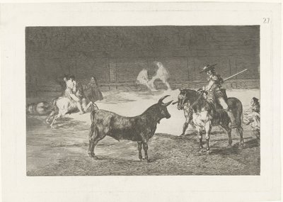 Fernando del Toro daagt een stier uit El célebre Fernando del Toro, barilarguero, obligando á la fiera con su garrocha La Tauromaquia (series title) Stierenvechten (series title) de Francisco de Goya
