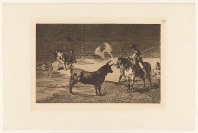 Fernando del Toro daagt een stier uit El célebre Fernando del Toro, barilarguero, obligando á la fiera con su garrocha Stierengevechten (series title) La Taureaumachie (series title) La Tauromaquia (series title) de Francisco de Goya