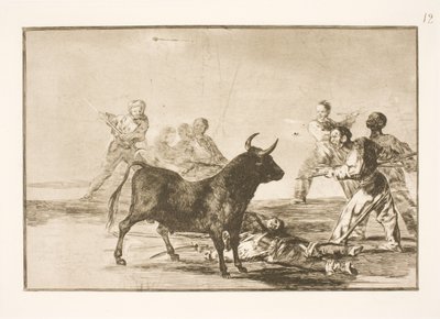 El pueblo ataca al toro con lanzas, hoces, banderillas y otras armas de Francisco de Goya