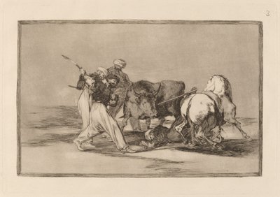 Los moros establecidos en España, prescindiendo de las supersticiones de su Alcorán, adoptaron esta caza y arte, y lancean un toro en el campo de Francisco de Goya