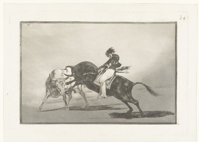 Mariano Ceballos rijdend op een stier El mismo Ceballos montado sobre otro toro quiebra rejones en la plaza de Madrid La Tauromaquia (series title) Stierenvechten (series title) de Francisco de Goya