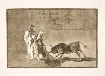 Los moros realizan otro truco en la arena y atraen a los toros con sus burnus de Francisco de Goya
