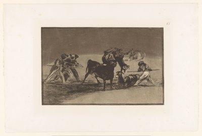 Moros y burros lidiando con un toro Palenque de los Moros hecho con burros para defenderse del toro embolado Corridas de toros (título de la serie) La Taureaumachie (título de la serie) La Tauromaquia (título de la serie) de Francisco de Goya
