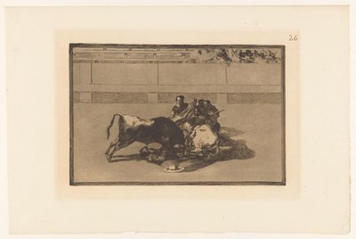 Picador se cayó de su caballo Caida de un picador de su caballo debajo del toro Corridas de toros (título de la serie) La Taureaumachie (título de la serie) La Tauromaquia (título de la serie) de Francisco de Goya