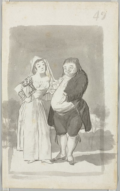 Prostituta solicitando a un hombre gordo y feo (recto), joven retorciéndose las manos (verso), 1796-97 de Francisco de Goya